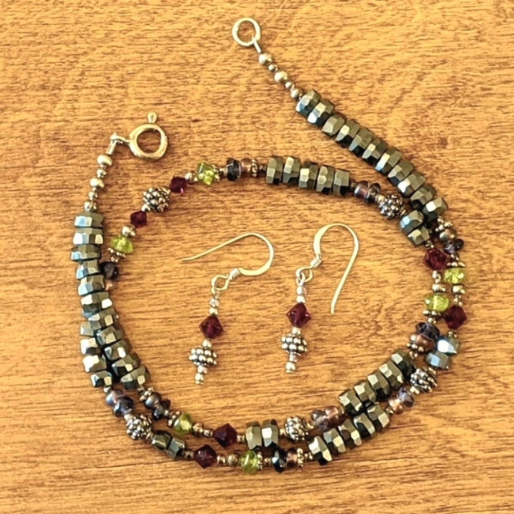 Hematite Necklace Earring SET w green & red beads